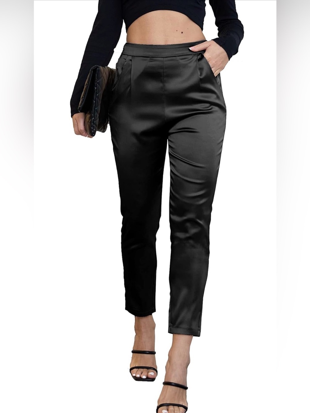 Women's High-Waist Black Satin Tapered Pants